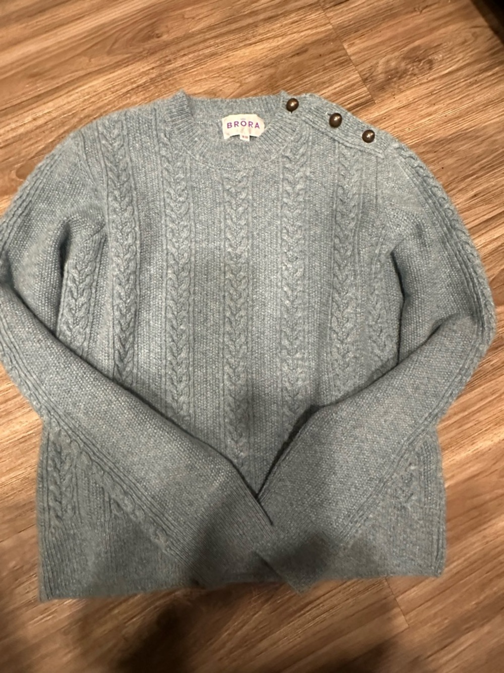 Women's brora lambswhool Sweater in Light Blue with Shoulder Buttons